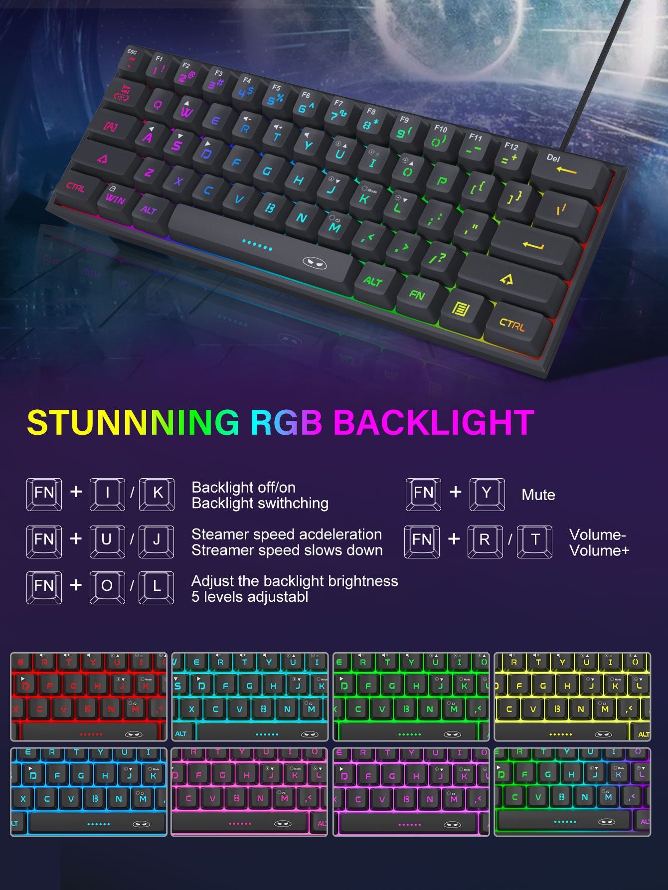 Teclado para jogos MageGee Mini 60%, teclado ultracompacto retroiluminado RGB de