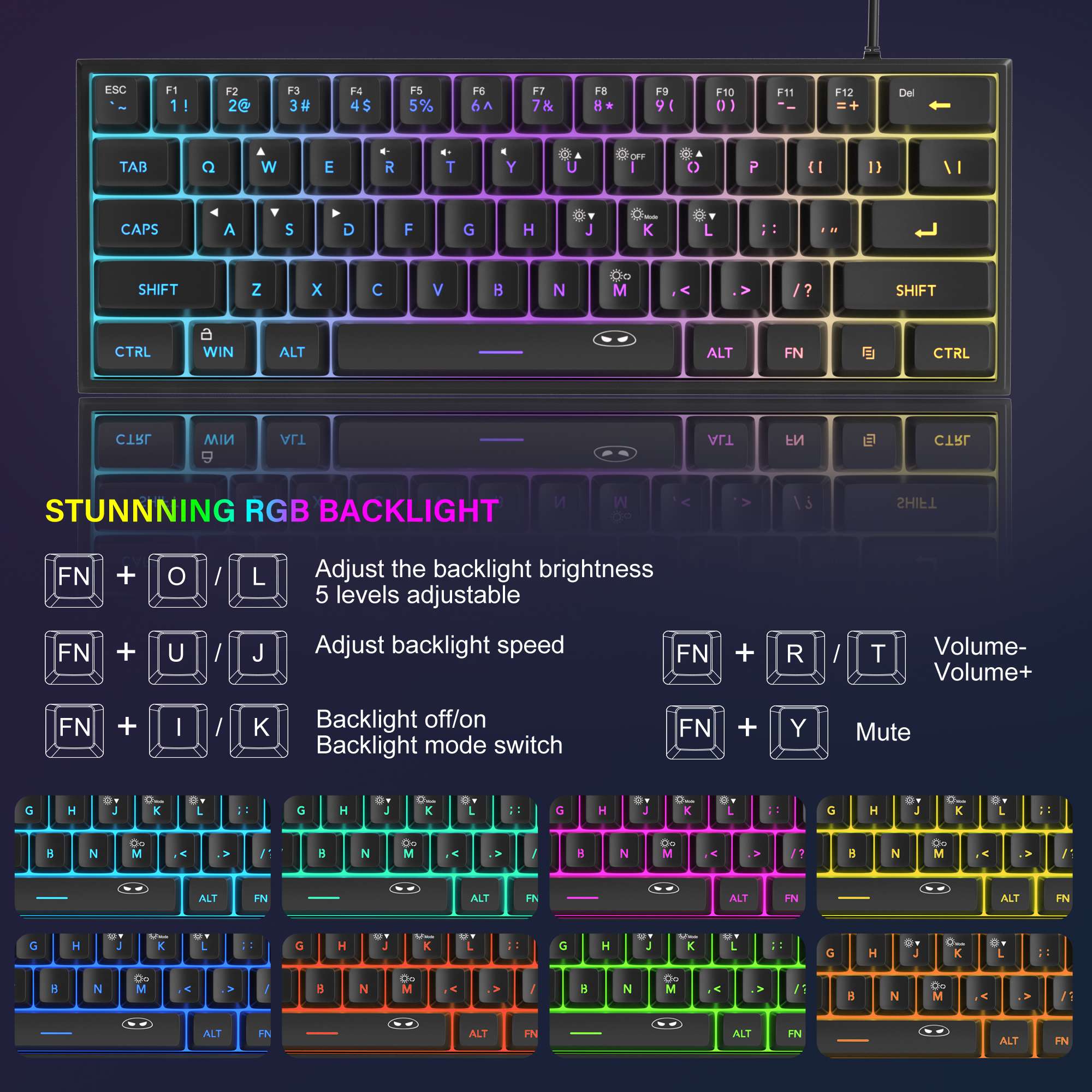 Teclado para jogos MageGee Mini 60%, teclado ultracompacto retroiluminado RGB de