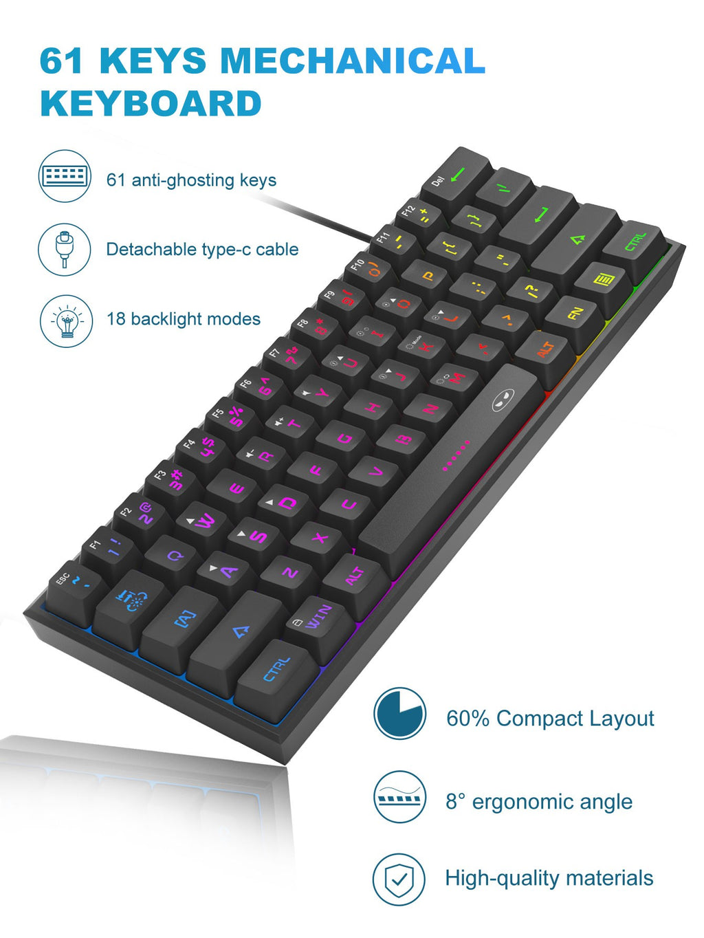 Teclado para jogos MageGee Mini 60%, teclado ultracompacto retroiluminado RGB de