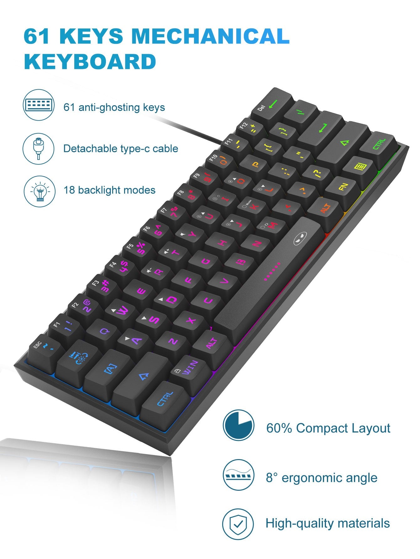 Teclado para jogos MageGee Mini 60%, teclado ultracompacto retroiluminado RGB de